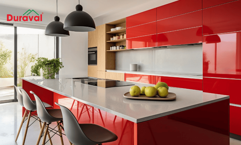 Tủ bếp nhựa Melamine thiết kế hiện đại, trẻ trung, dễ kết hợp với các vật liệu khá
