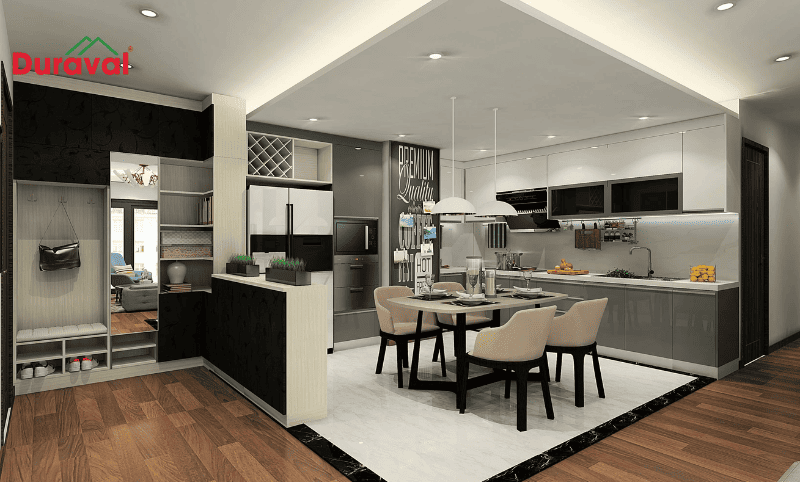 Mẫu trần thạch cao mang lại cảm giác ấm cúng cho gian bếp