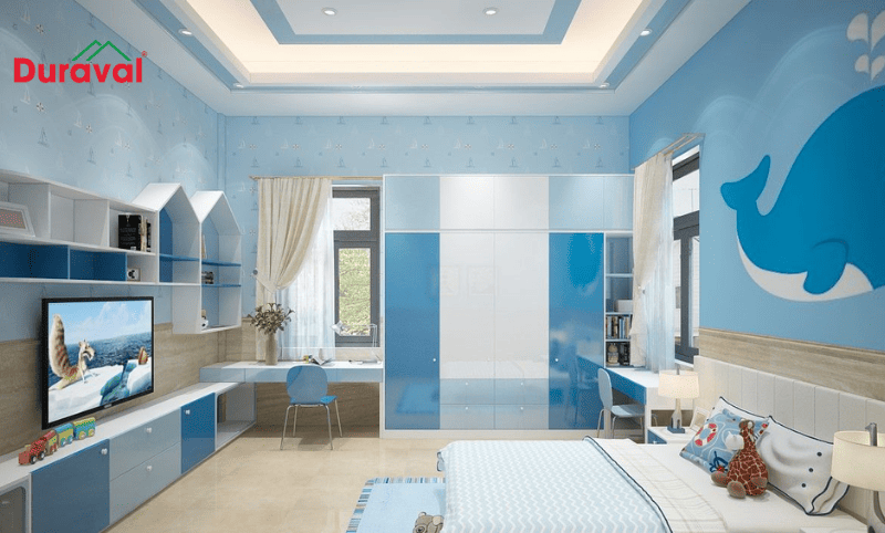 Trần thạch cao được thiết kế kết hợp màu trắng và màu xanh dương
