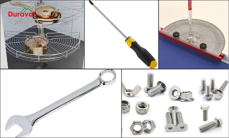 Dụng cụ cần chuẩn bị theo hướng dẫn cách lắp kệ góc tủ bếp xoay