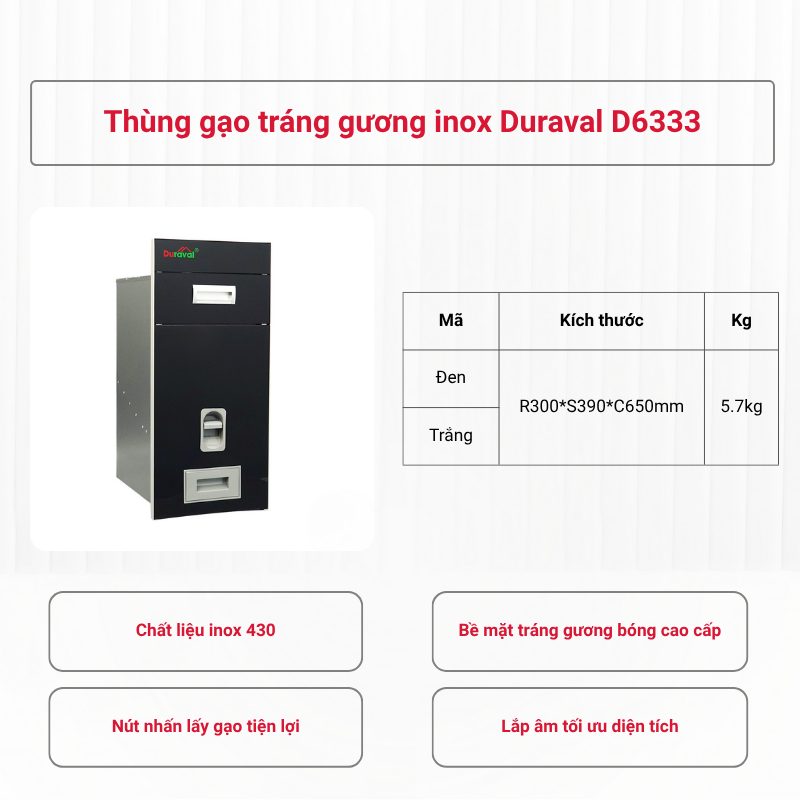Thùng gạo tráng gương inox Duraval D6333