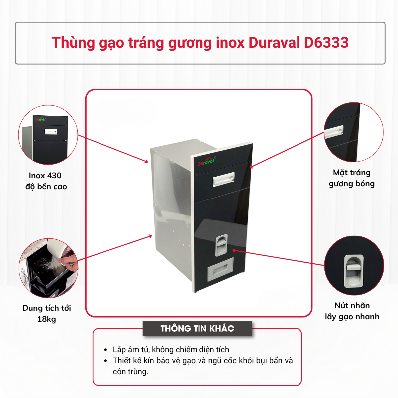 Thùng gạo tráng gương inox Duraval D6333