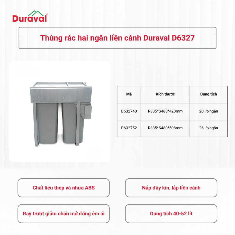 Thùng rác hai ngăn liền cánh Duraval D6327
