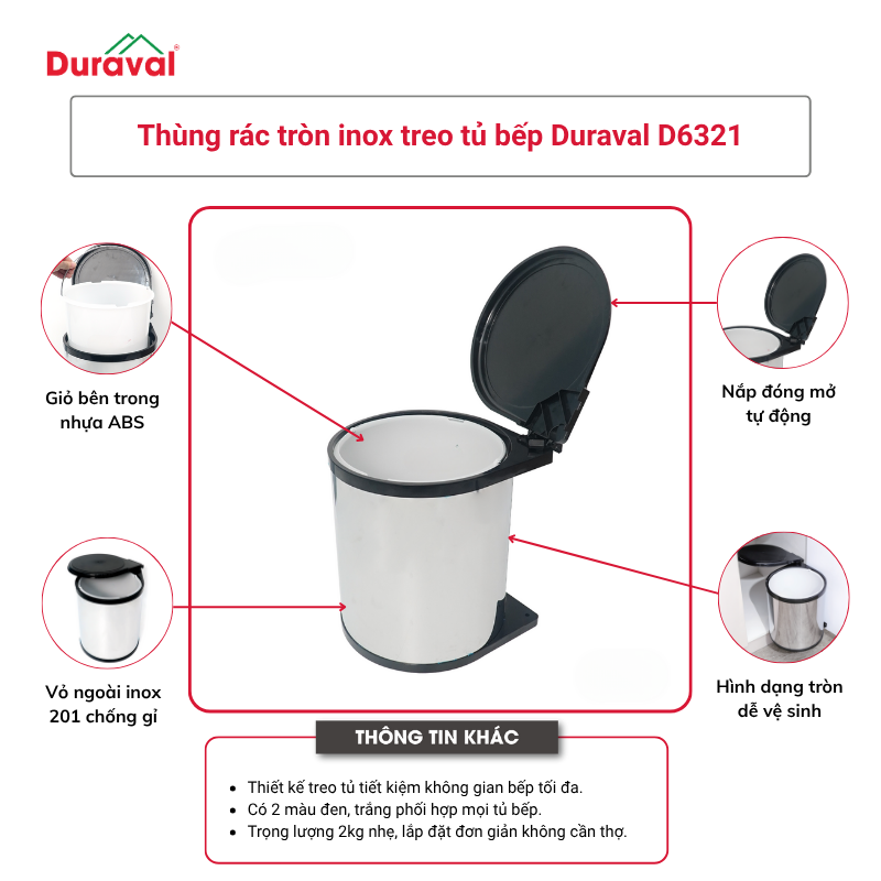 Thùng rác tròn inox treo tủ bếp Duraval D6321
