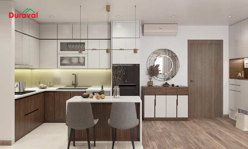 Bề mặt tủ bếp được phủ một lớp Laminate sáng bóng