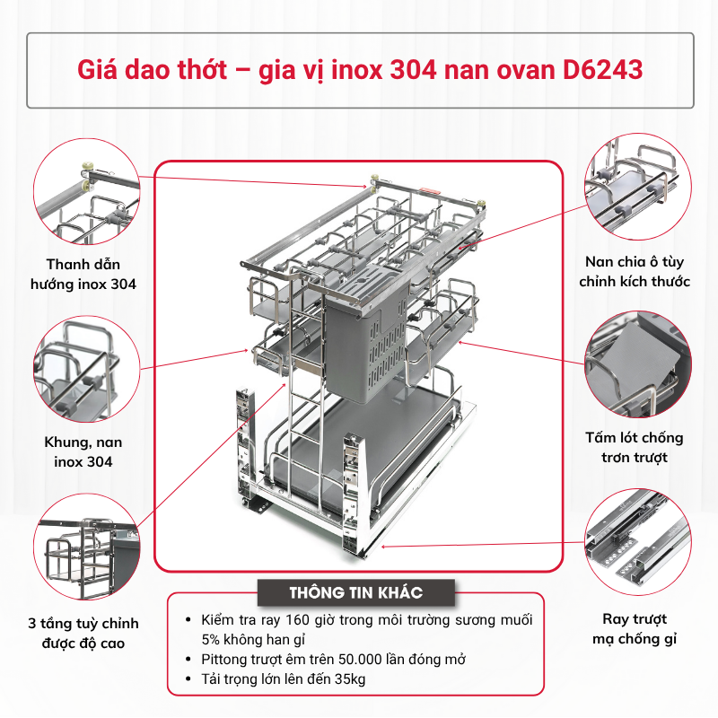 Giá dao thớt - gia vị inox 304 nan ovan D6243