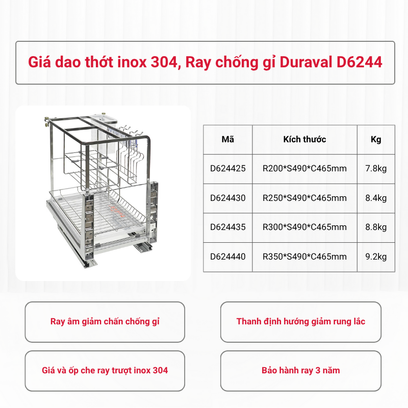 Giá dao thớt inox 304, Ray chống gỉ Duraval D6244