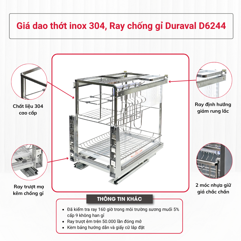 Giá dao thớt inox 304, Ray chống gỉ Duraval D6244