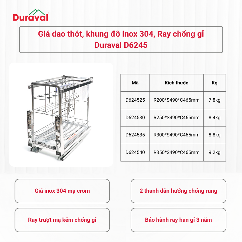 Giá dao thớt, khung đỡ inox 304, Ray chống gỉ Duraval D6245