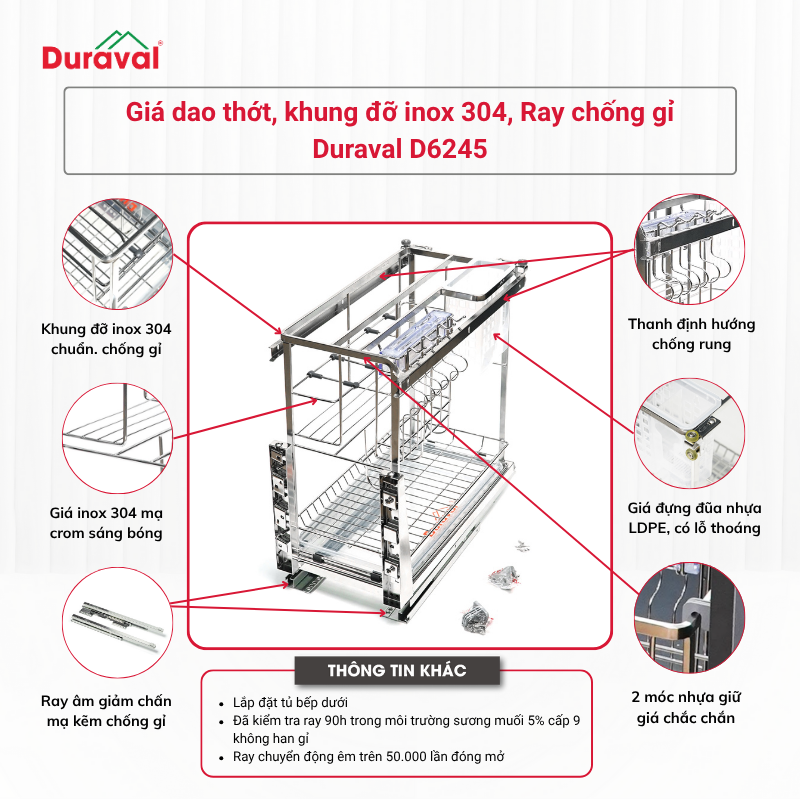 Giá dao thớt, khung đỡ inox 304, Ray chống gỉ Duraval D6245