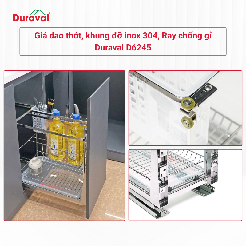 Giá dao thớt, khung đỡ inox 304, Ray chống gỉ Duraval D6245