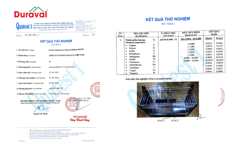 Các chỉ số chứng nhận sản phẩm của Duraval được chế tạo từ inox 304 thật, không pha tạp