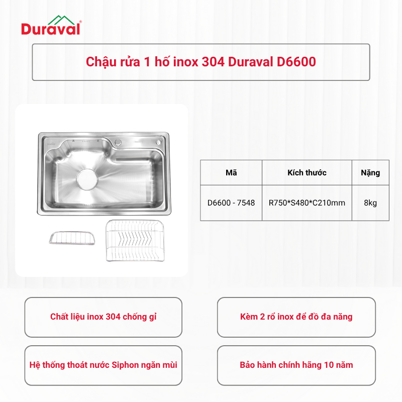 Chậu rửa 1 hố inox 304 Duraval D6600