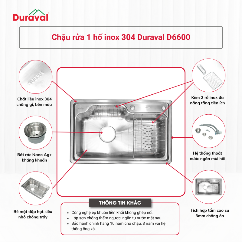 Chậu rửa 1 hố inox 304 Duraval D6600