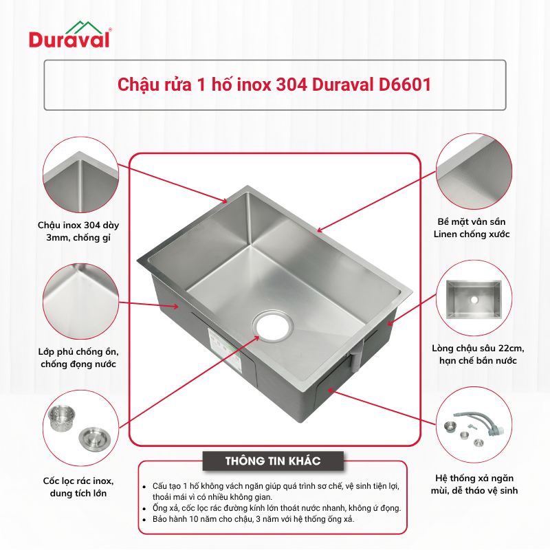 Chậu rửa 1 hố inox 304 Duraval D6601