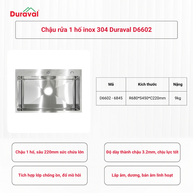 Chậu rửa 1 hố inox 304 Duraval D6602