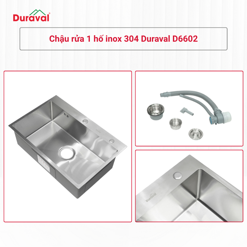Chậu rửa 1 hố inox 304 Duraval D6602