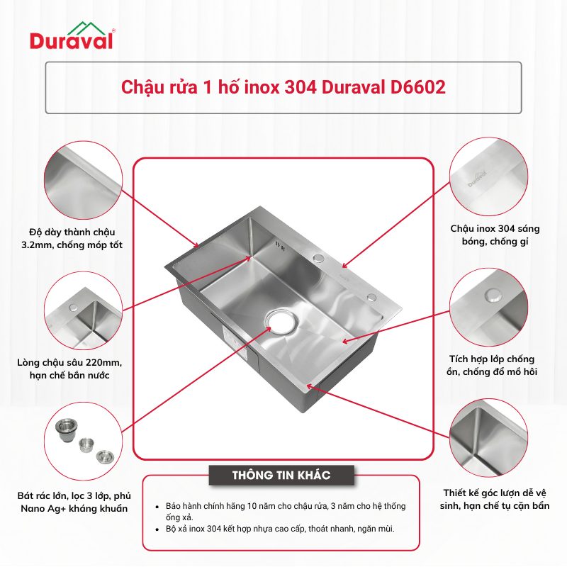 Chậu rửa 1 hố inox 304 Duraval D6602