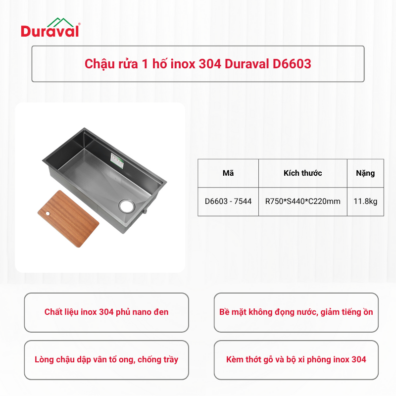 Chậu rửa 1 hố inox 304 Duraval D6603
