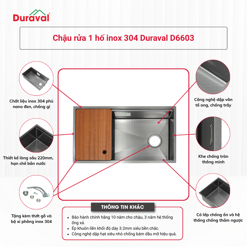 Chậu rửa 1 hố inox 304 Duraval D6603