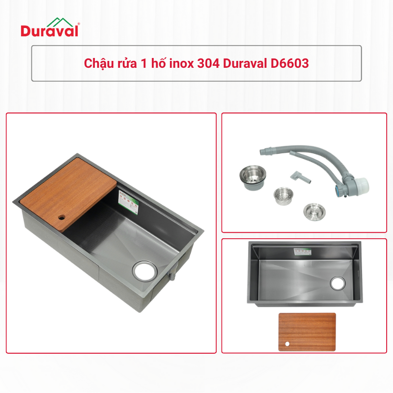 Chậu rửa 1 hố inox 304 Duraval D6603