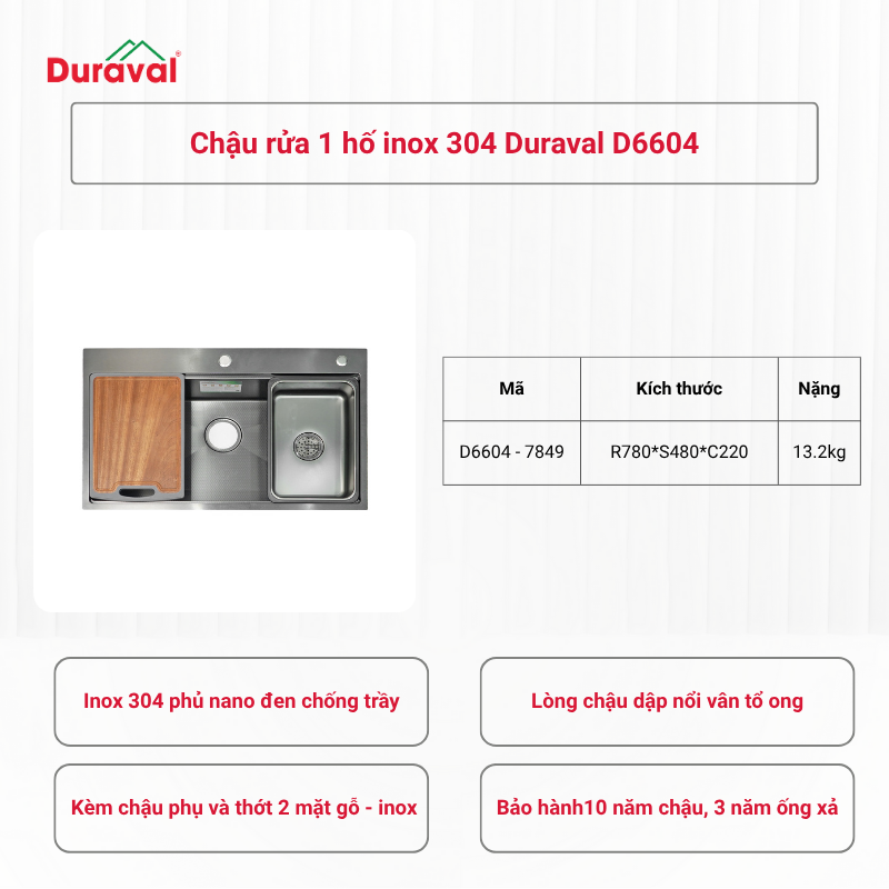 Chậu rửa 1 hố inox 304 Duraval D6604