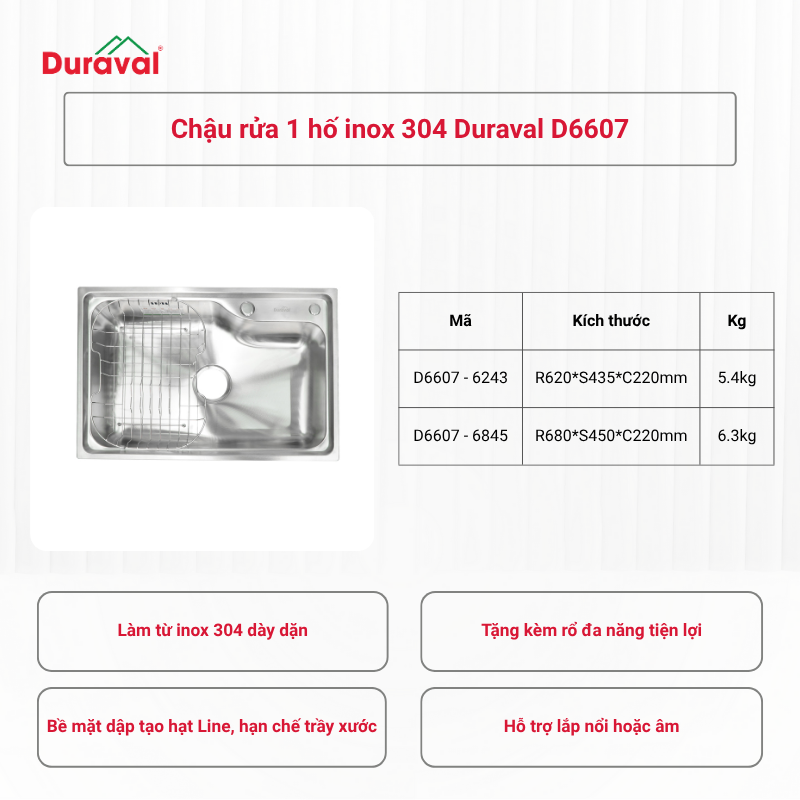 Chậu rửa 1 hố inox 304 Duraval D6607