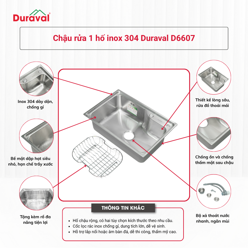 Chậu rửa 1 hố inox 304 Duraval D6607