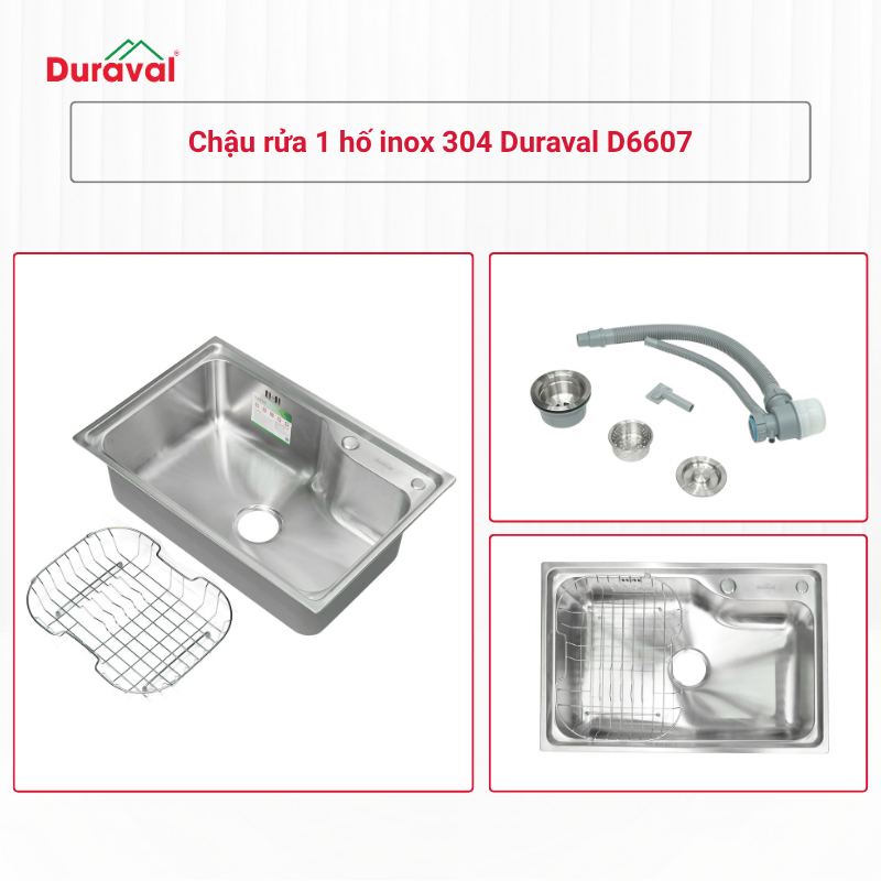 Chậu rửa 1 hố inox 304 Duraval D6607