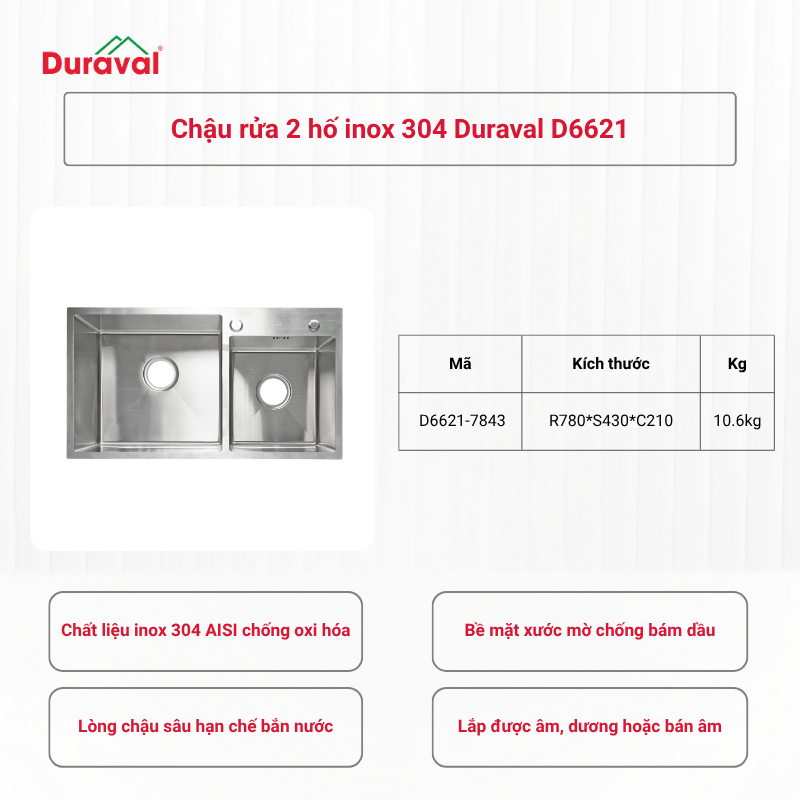 Chậu rửa 2 hố inox 304 Duraval D6621