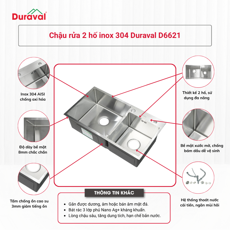 Chậu rửa 2 hố inox 304 Duraval D6621
