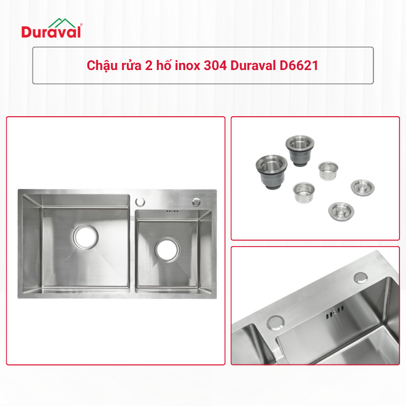 Chậu rửa 2 hố inox 304 Duraval D6621