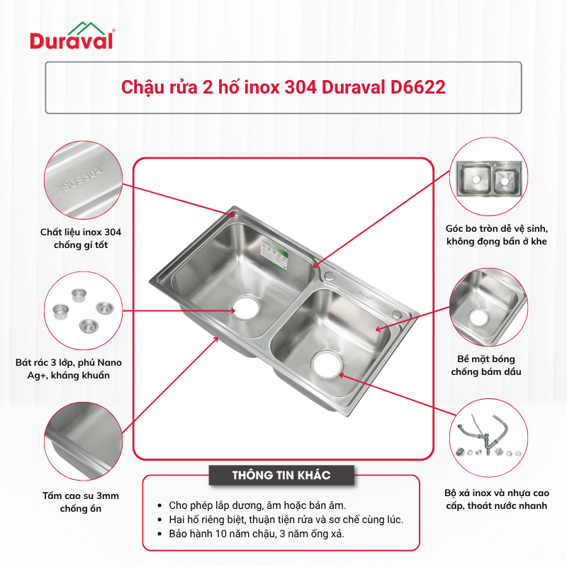 Chậu rửa 2 hố inox 304 Duraval D6622