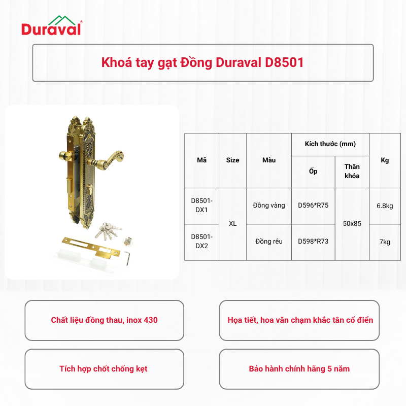 Khoá tay gạt Đồng Duraval D8501