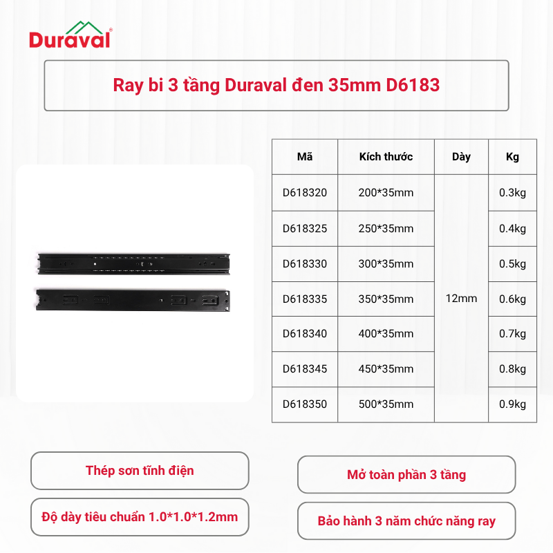 Ray bi 3 tầng Duraval đen 35mm D6183