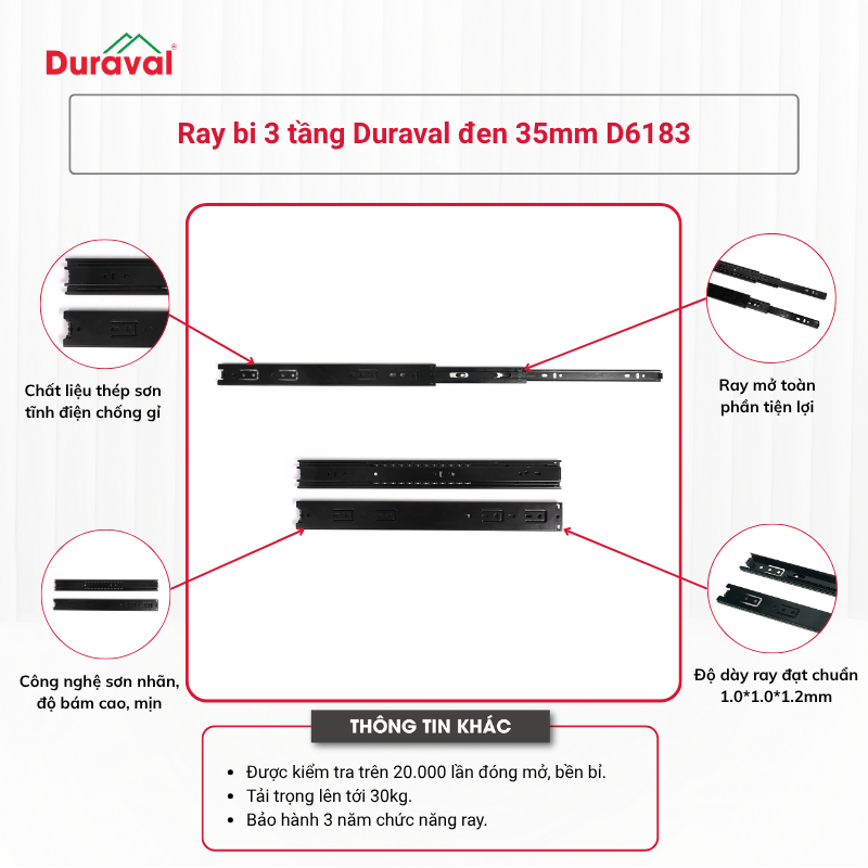 Ray bi 3 tầng Duraval đen 35mm D6183