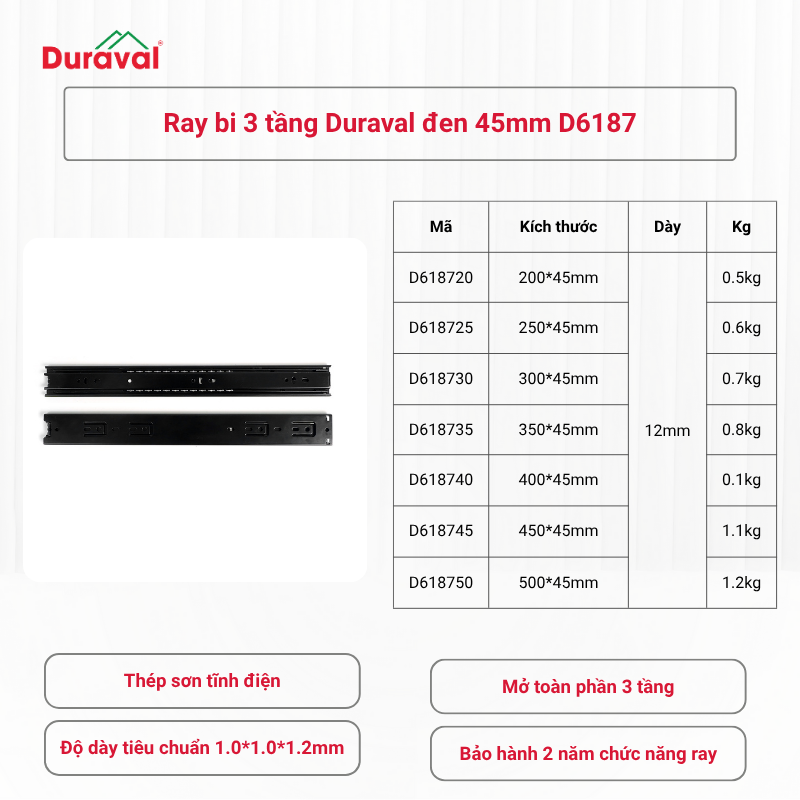 Ray bi 3 tầng Duraval đen 45mm D6187