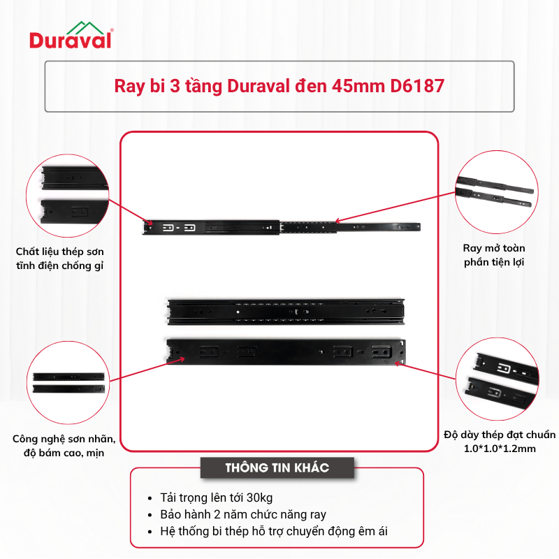 Ray bi 3 tầng Duraval đen 45mm D6187
