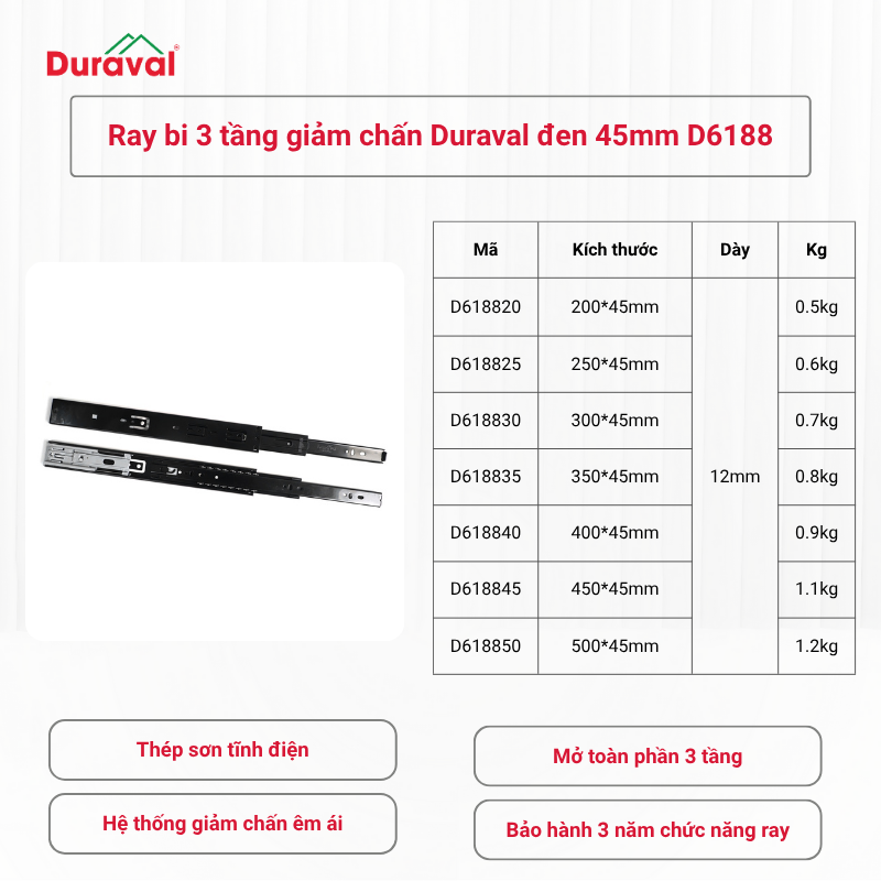 Ray bi 3 tầng giảm chấn Duraval đen 45mm D6188
