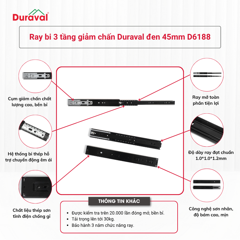 Ray bi 3 tầng giảm chấn Duraval đen 45mm D6188