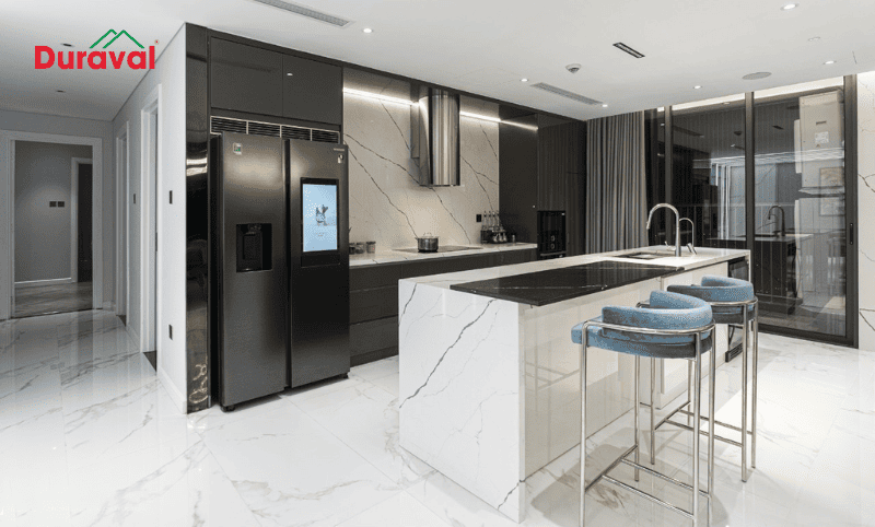Việc tích hợp chậu rửa trên bàn đảo giúp tối ưu công năng sử dụng