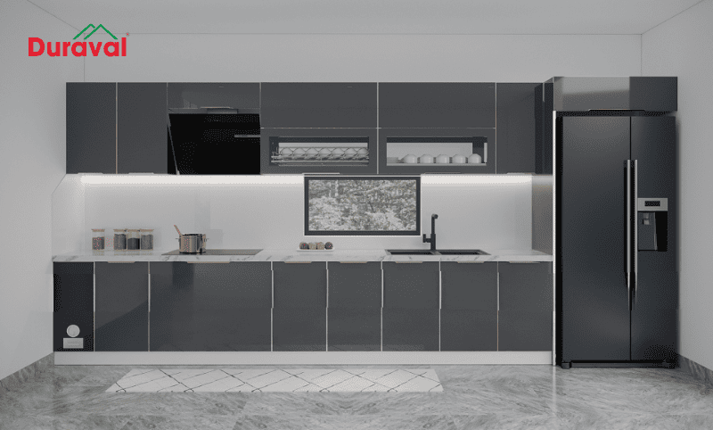 Tủ bếp làm bằng inox cánh kính có độ bền cao